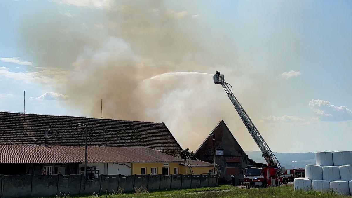 Hasiči zasahují u požáru kravína v Dolních Požárech na Benešovsku